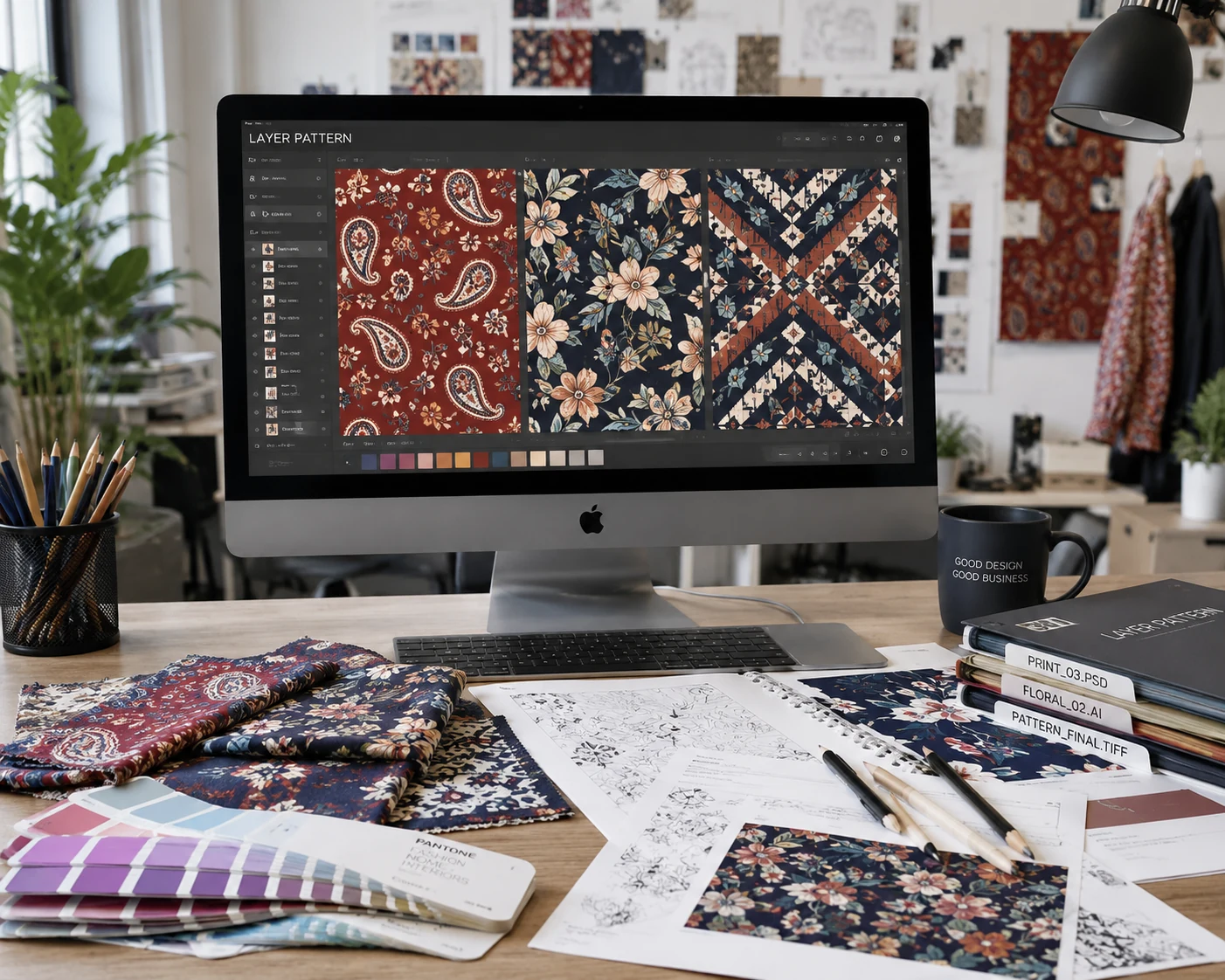 真实办公环境中的印花设计工作台，屏幕展示 LAYER PATTERN 印花图案预览